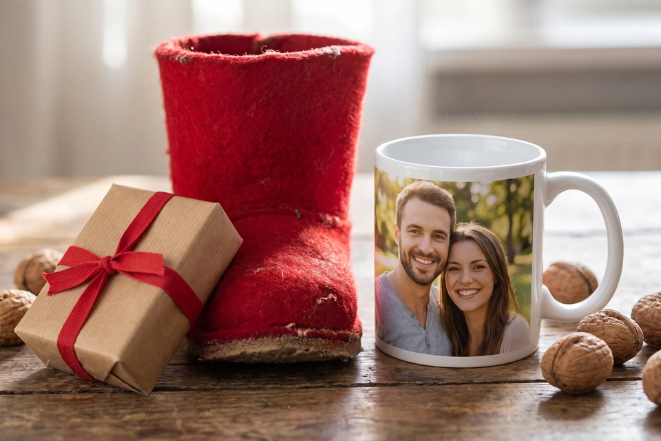 Nikolausstiefel mit verpacktem Fotogeschenk