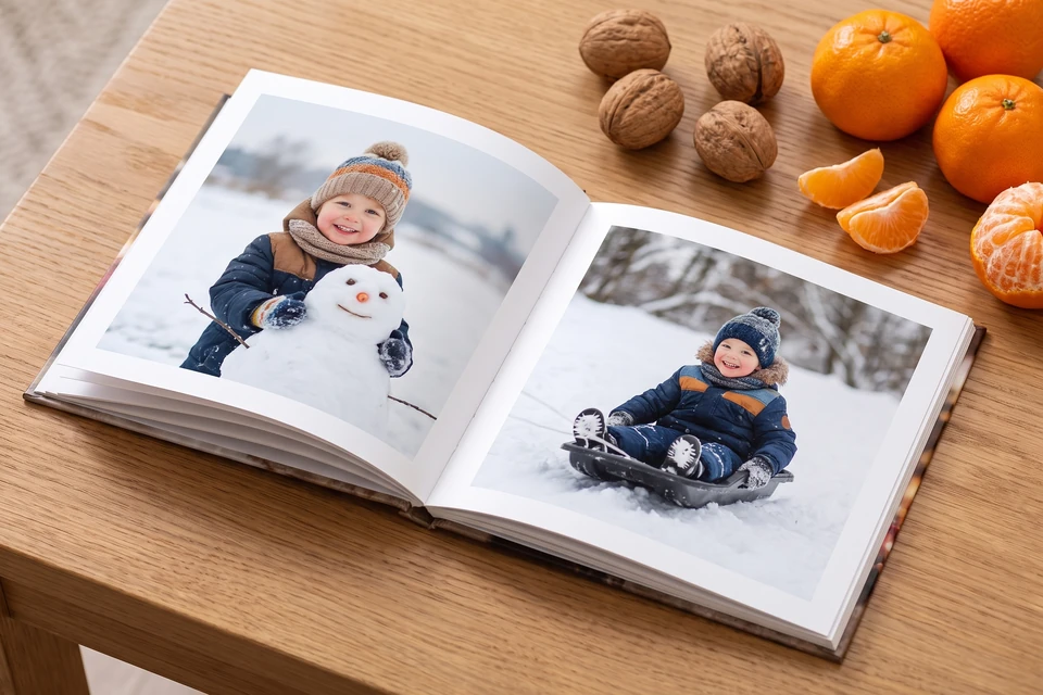 Kleines Fotobuch mit Kinderfotos neben Nüssen
