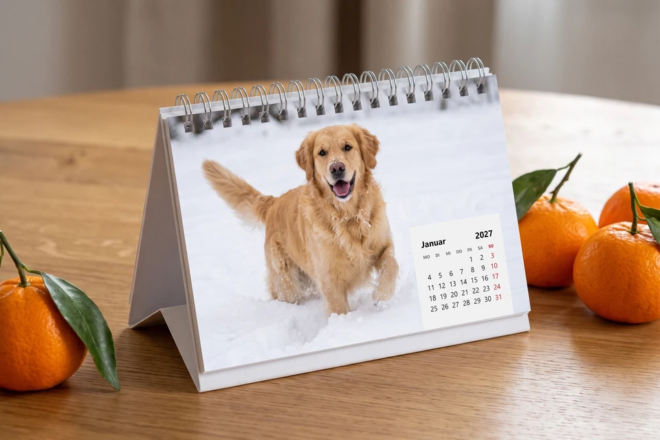 Tischkalender mit Familienfoto neben Mandarinen