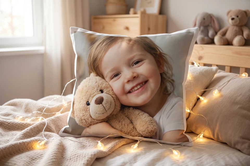 Fotokissen mit Kinderfoto auf einem Kinderbett