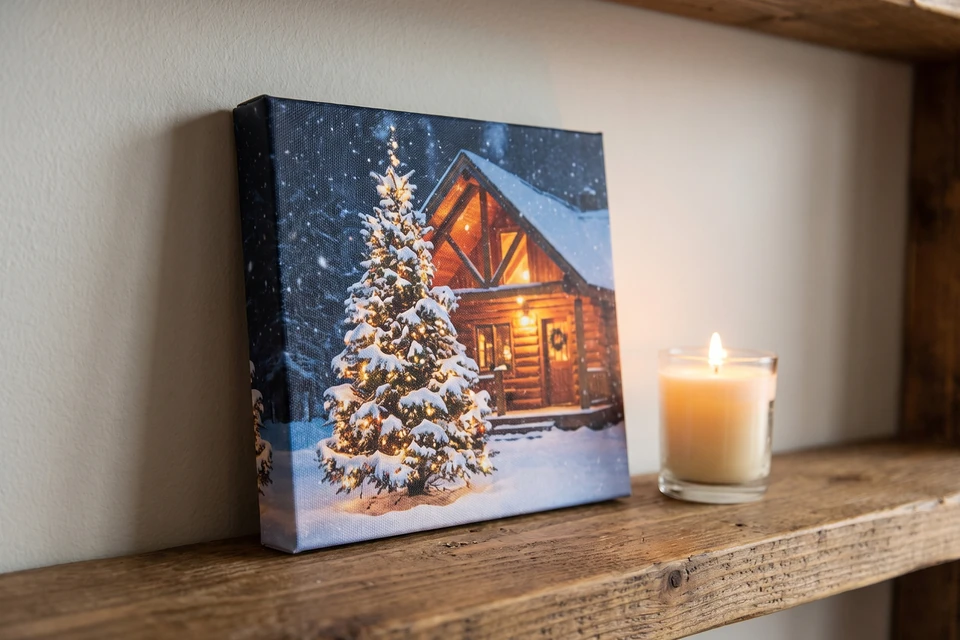 Kleine Leinwand mit verschneitem Weihnachtsbaum vor einer Hütte