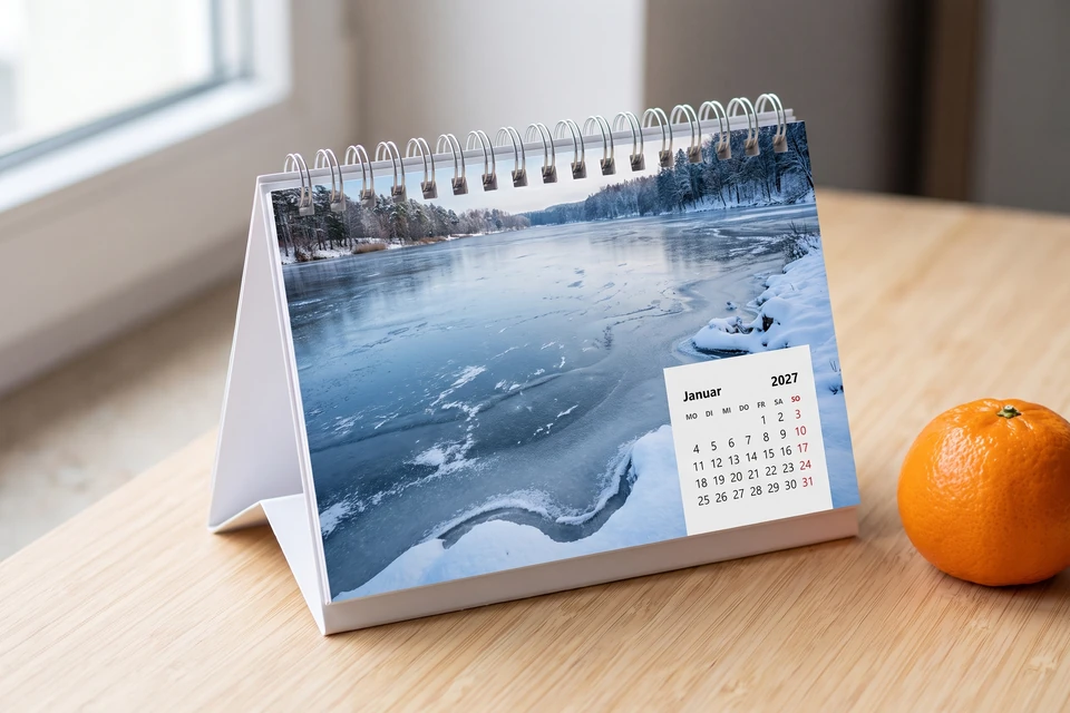 Tischkalender mit Winterfoto auf einem Schreibtisch