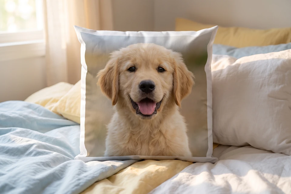 Fotokissen mit Hundefoto auf einem Kinderbett