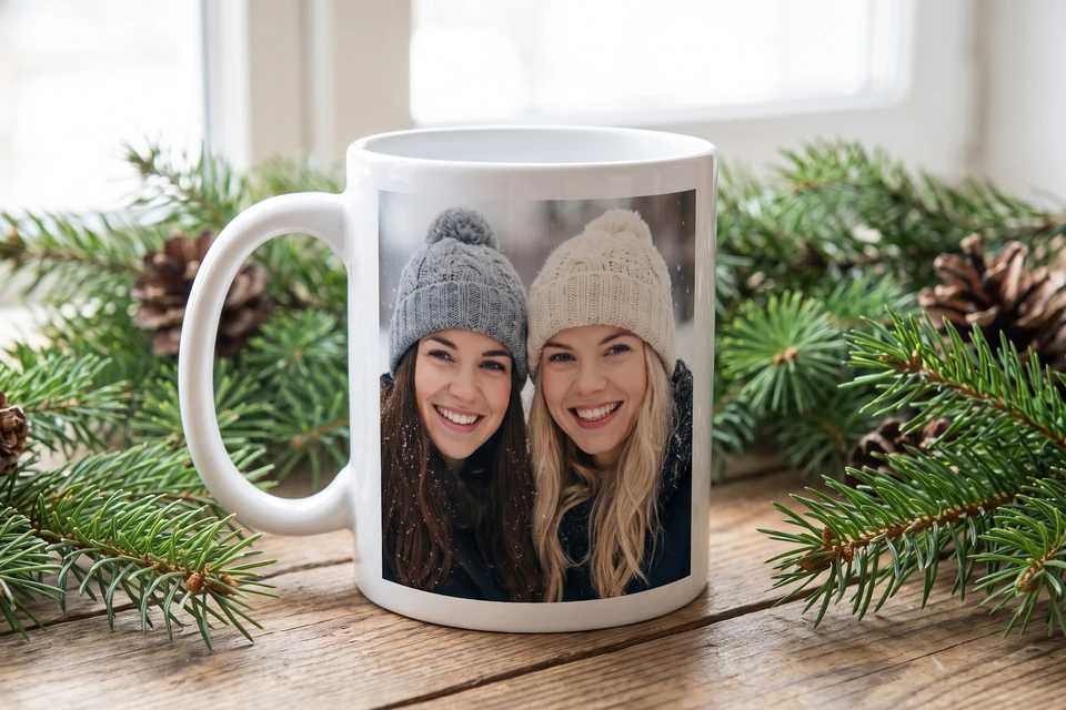 Fototasse mit Foto zweier Freundinnen auf einem Tisch