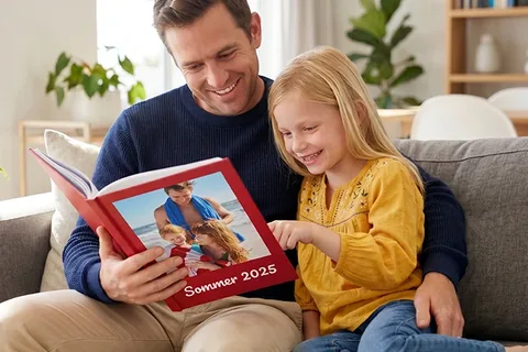Vater und Tochter blättern in einem Fotobuch