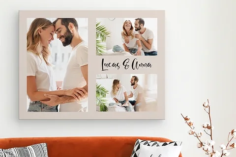 Fotocollage mit drei Paarfotos und Namen auf Leinwand über einem Sofa