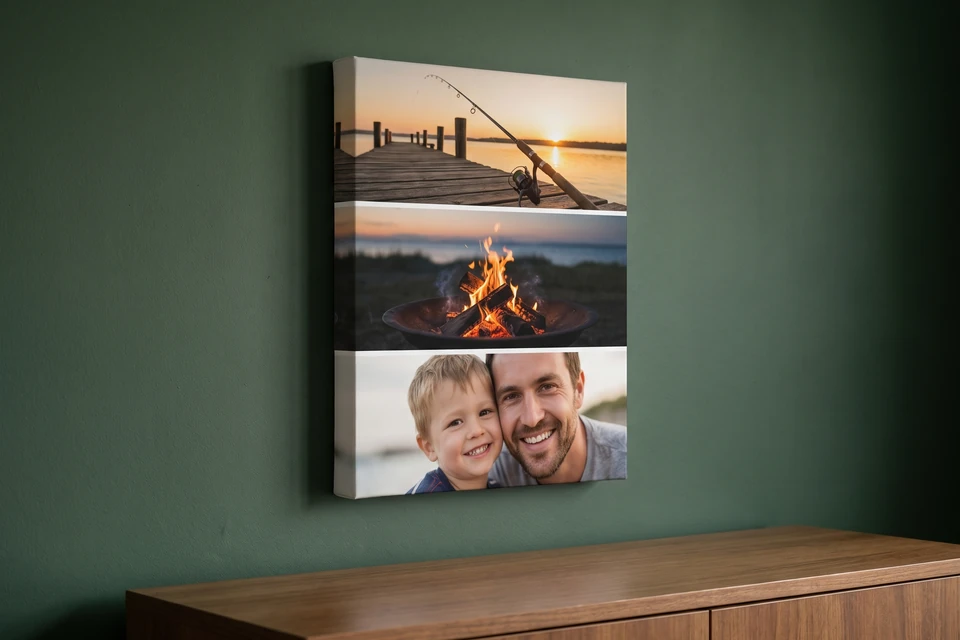 Fotocollage auf Leinwand mit drei Fotos an einer dunkelgrünen Wand