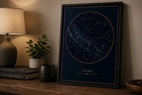 Gerahmter Sternenhimmel als Wandbild neben einer Lampe