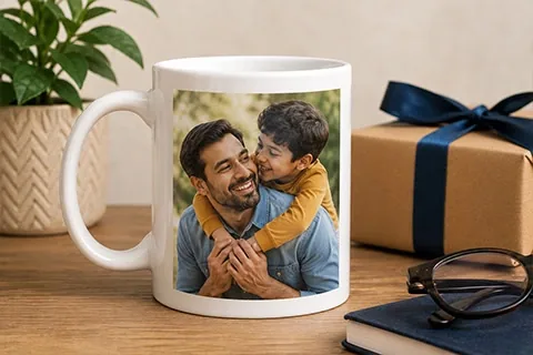 Fototasse mit Vater und Sohn neben einem verpackten Geschenk