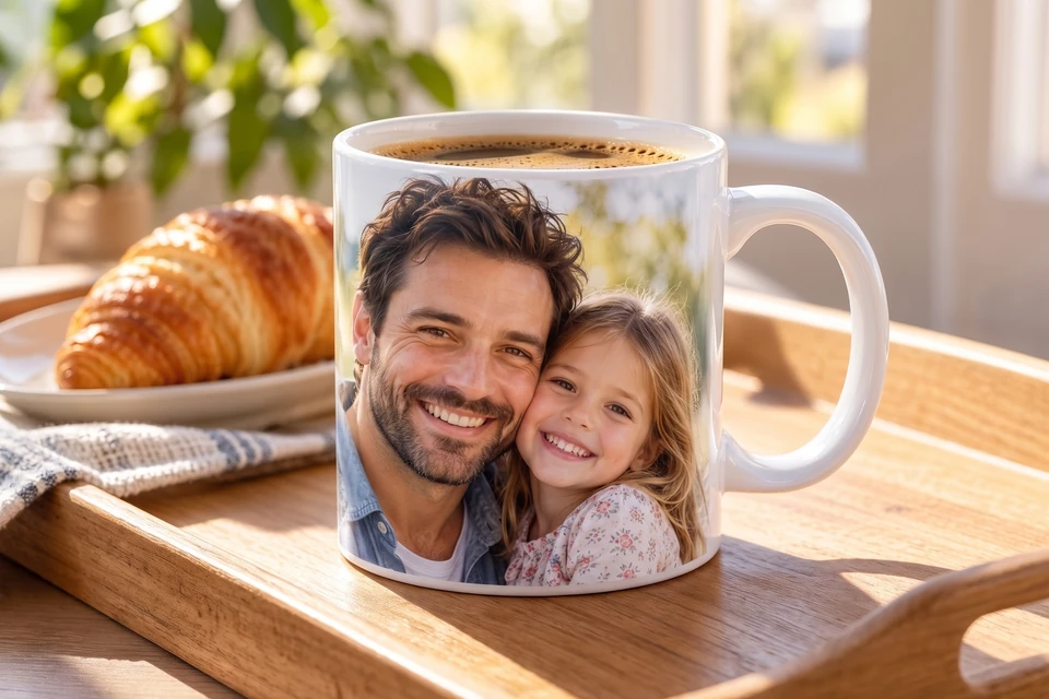 Fototasse mit Foto von Vater und Tochter auf einem Frühstückstablett