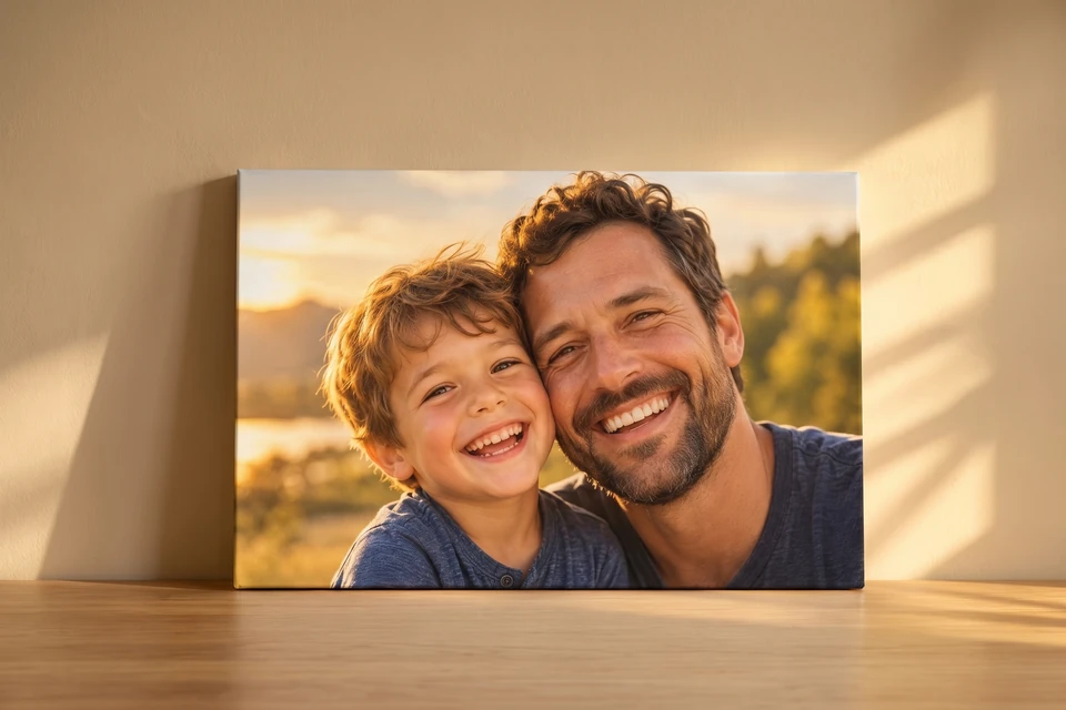 Leinwand mit Foto von Vater und Sohn im Sonnenlicht
