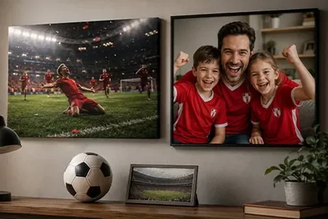 Fußball-Leinwand und Familienfoto nebeneinander an der Wand