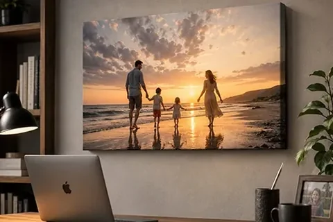 Leinwand mit Familie am Strand im Sonnenuntergang über dem Schreibtisch