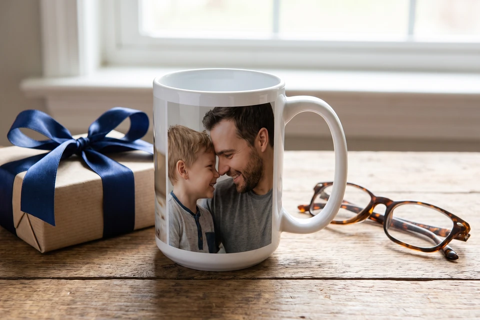 Fototasse mit Vater und Sohn neben einem verpackten Geschenk und Brille