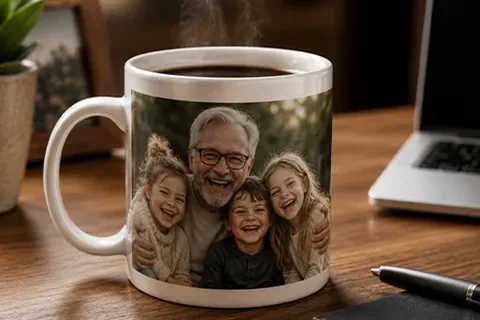 Fototasse mit Großvater und Enkelkindern auf einem Schreibtisch