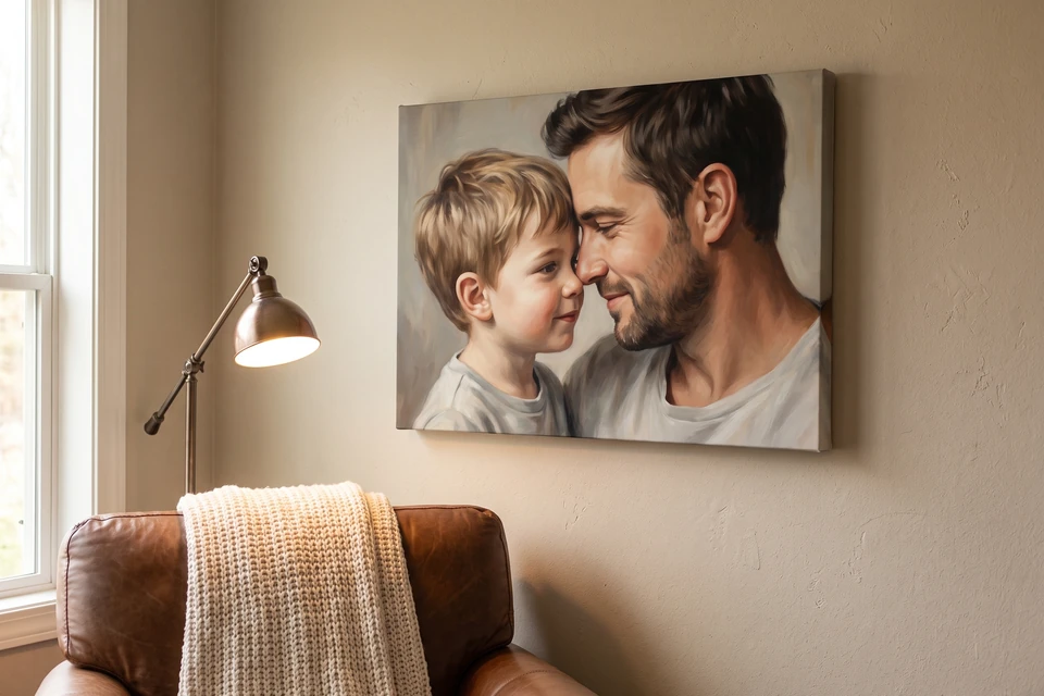 Gezeichnetes Porträt von Vater und Sohn als Leinwand über einem Ledersessel