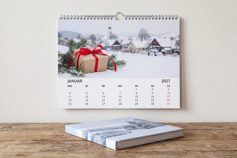 Fotobuch und Wandkalender als Geschenk für Eltern verpackt