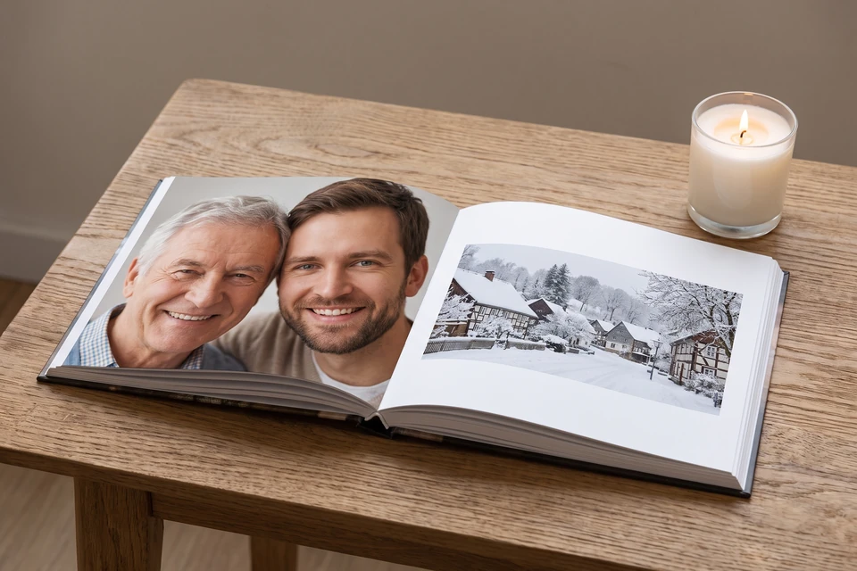 Aufgeschlagenes Fotobuch mit Familienfotos auf einem Holztisch