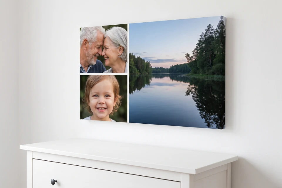 Fotocollage auf Leinwand mit Familienfotos über einer Kommode