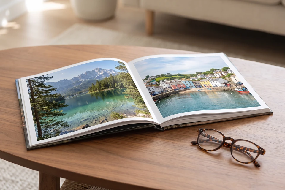 Aufgeschlagenes Fotobuch mit Reisefotos