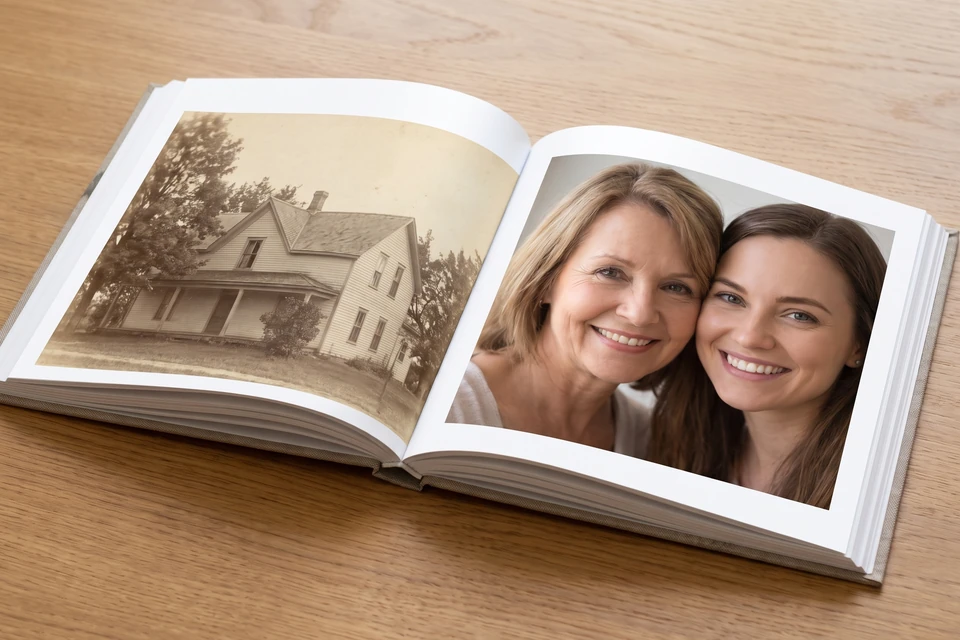 Fotobuch mit alten und neuen Familienfotos