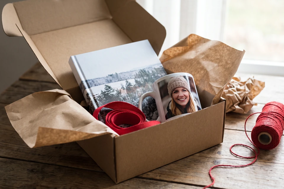 Geschenkpaket mit Fotobuch und Fototasse neben Geschenkpapier
