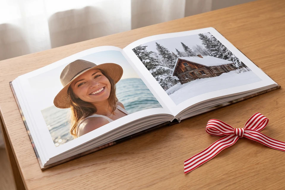 Aufgeschlagenes Fotobuch mit Urlaubsfoto einer Frau und einer Winterhütte