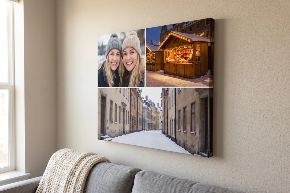 Fotocollage auf Leinwand mit Fotos zweier Freundinnen über einem Sofa