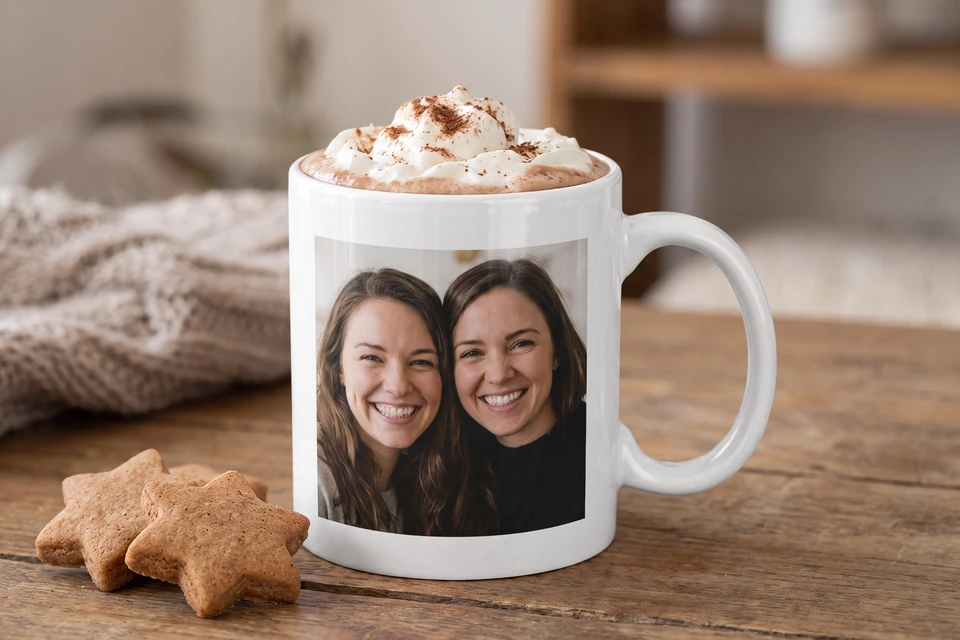 Fototasse mit Foto zweier Freundinnen neben Plätzchen