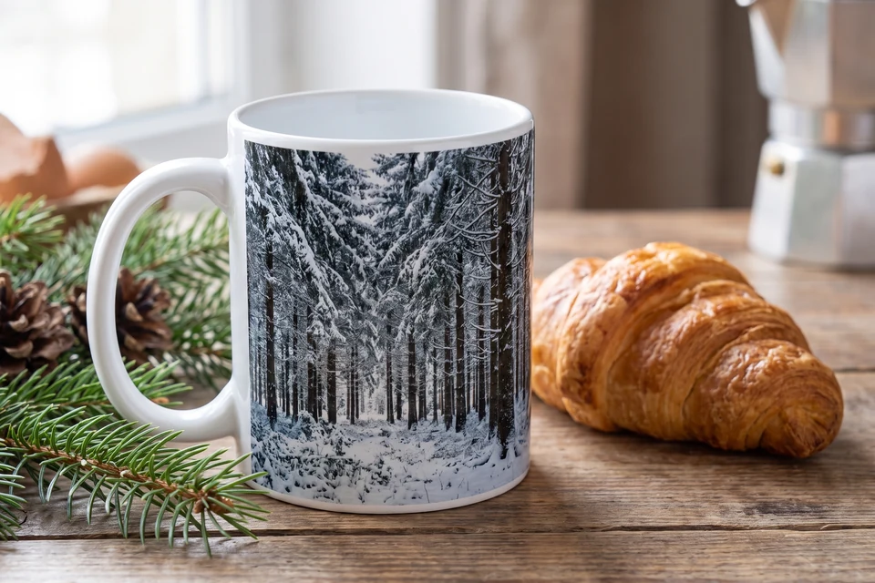 Fototasse mit Winterfoto auf einem Frühstückstisch
