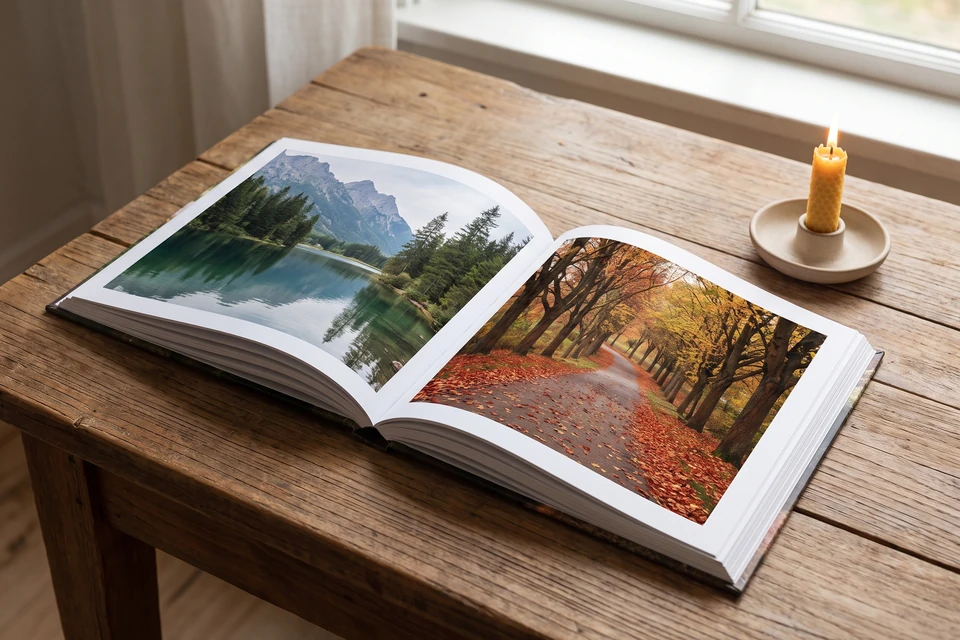 Aufgeschlagenes Fotobuch mit Landschaftsfotos auf einem Holztisch