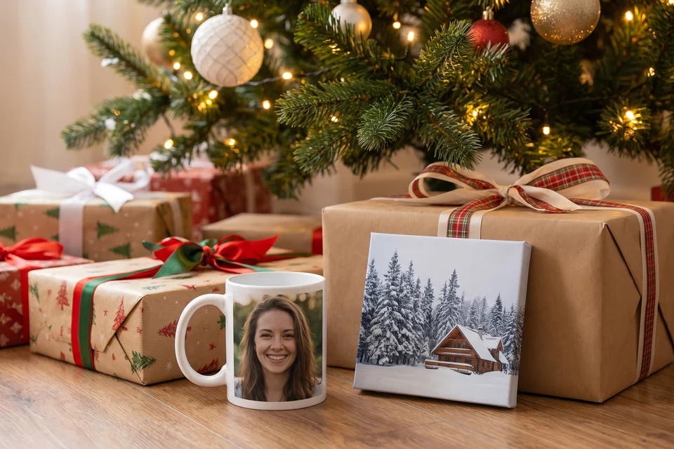 Weihnachtsgeschenke mit Foto unter dem Weihnachtsbaum