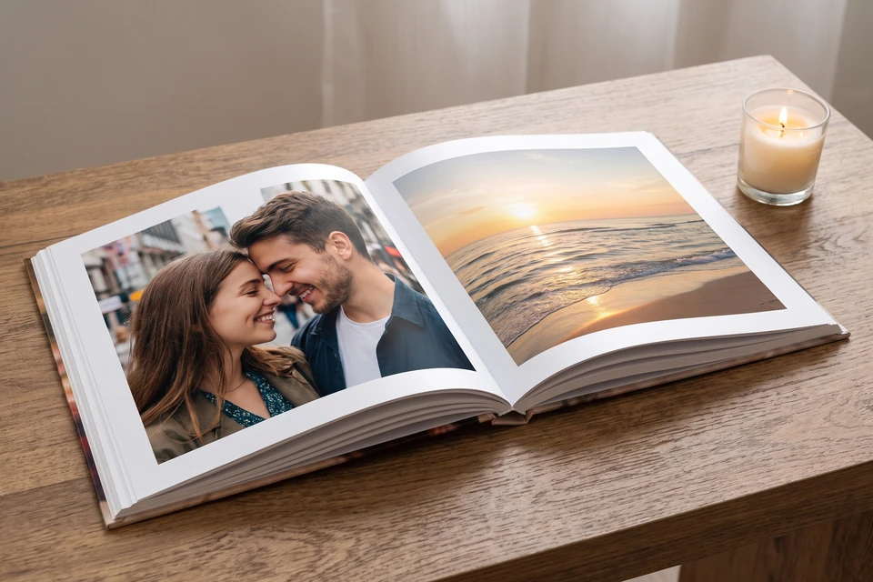 Aufgeschlagenes Fotobuch mit Paarfotos