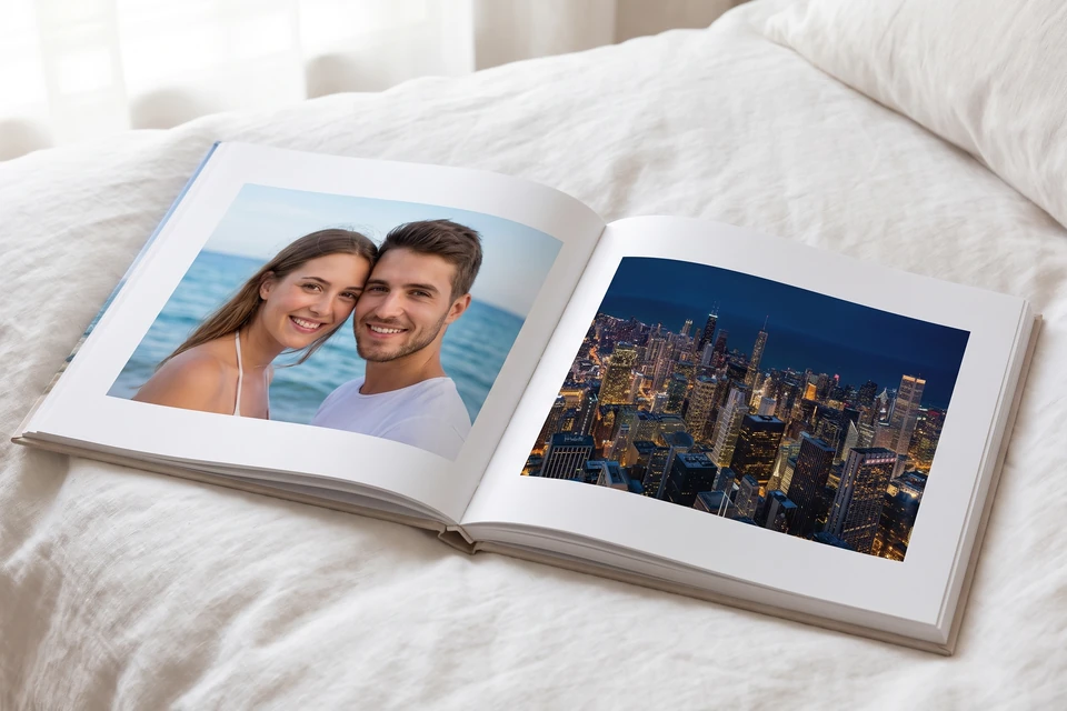Fotobuch mit Fotos eines Paares auf einem Bett