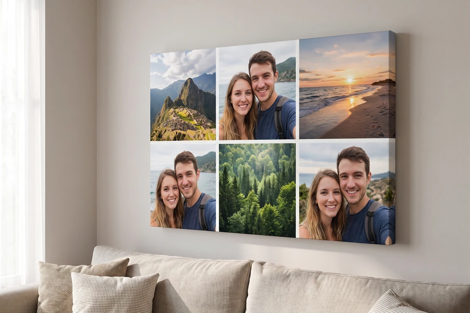 Fotocollage mit vielen Paarfotos über einem Sofa
