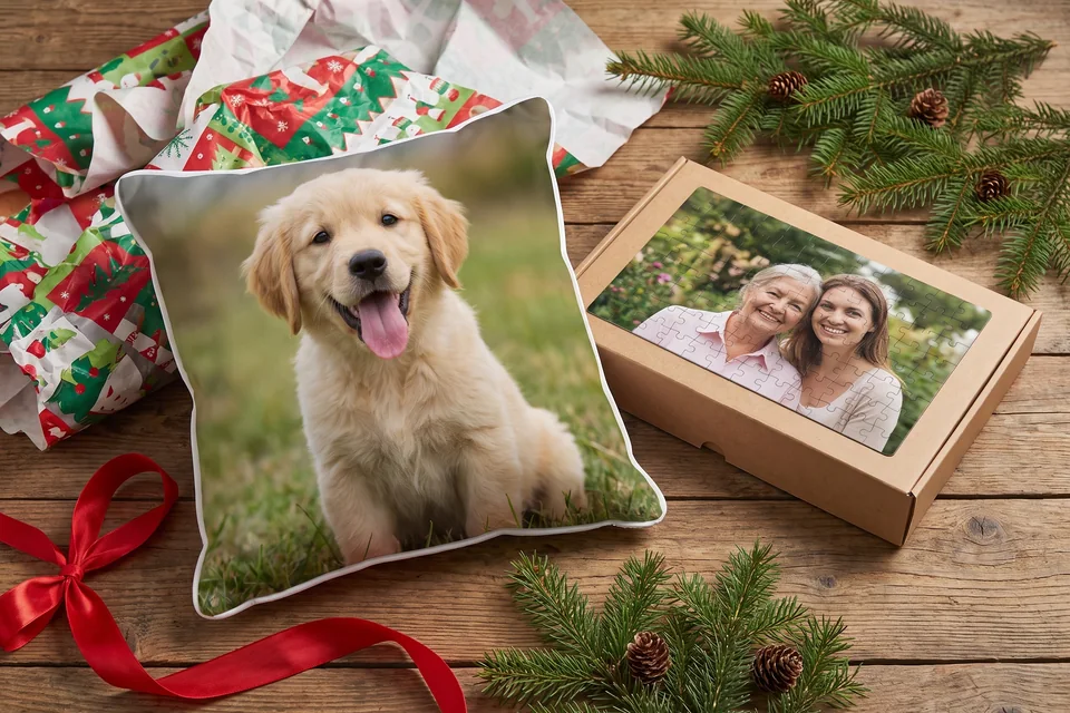 Fotopuzzle und Fotokissen als Geschenk verpackt
