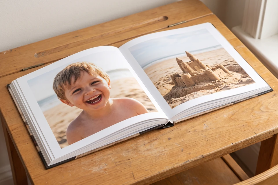 Aufgeschlagenes Fotobuch mit Kinderfotos