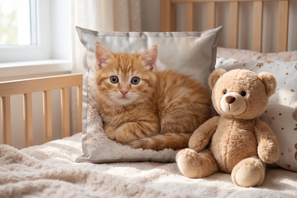 Fotokissen mit Katzenfoto auf einem Kinderbett