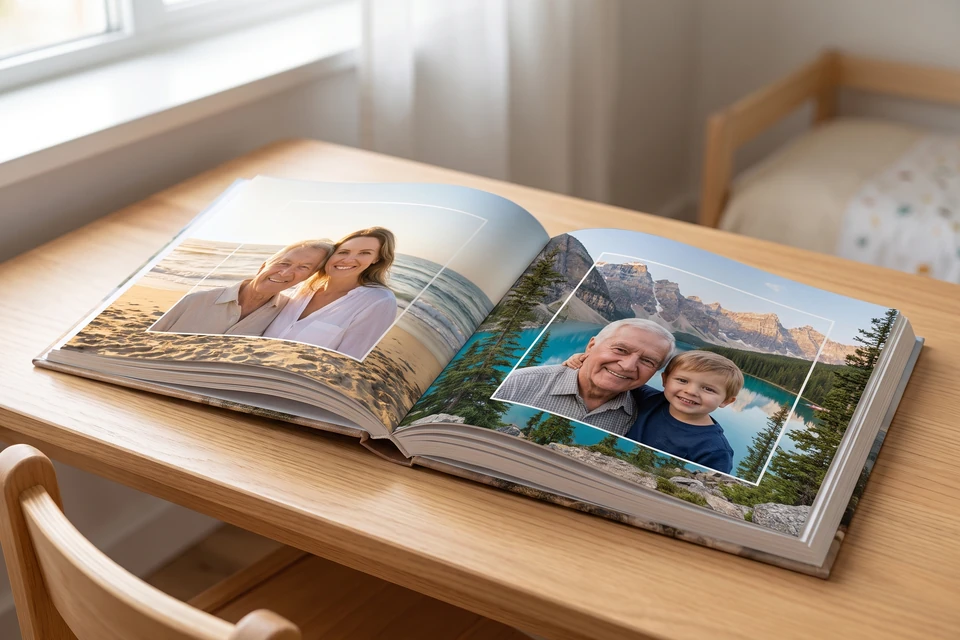 Fotobuch mit Urlaubsfotos auf einem Kinderschreibtisch