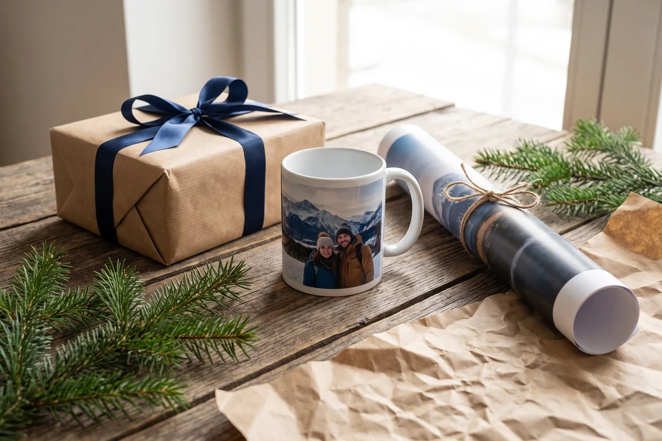 Verpacktes Geschenk mit Fototasse und Poster-Rolle