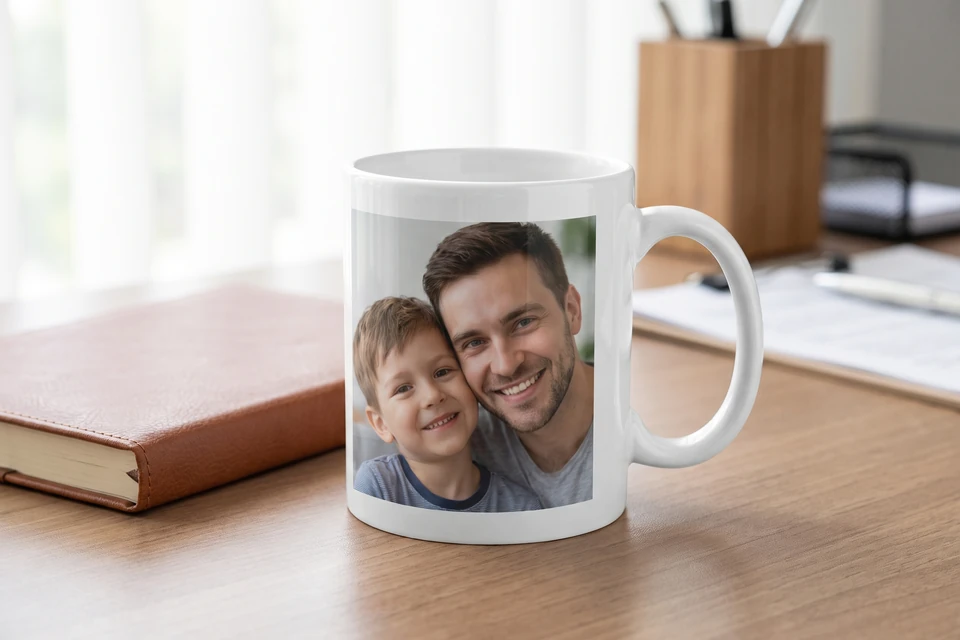 Fototasse mit Foto von Vater und Sohn auf einem Schreibtisch
