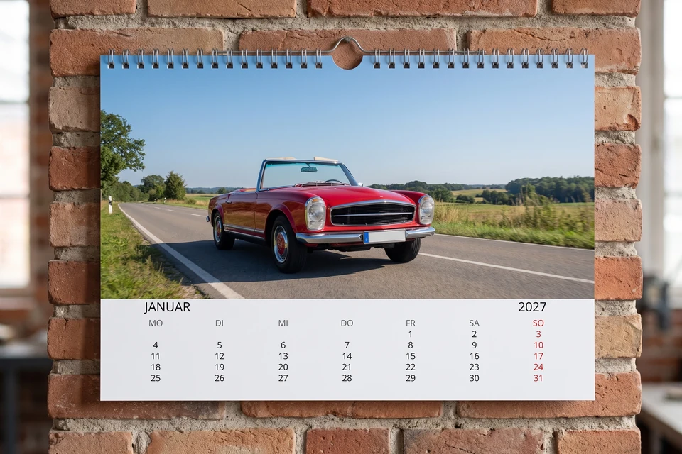 Wandkalender mit Foto eines Oldtimers an einer Werkstattwand