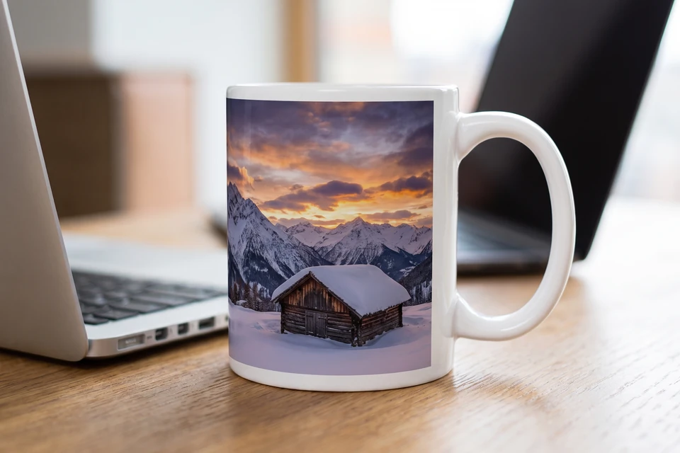 Fototasse mit Foto einer verschneiten Berghütte auf einem Schreibtisch