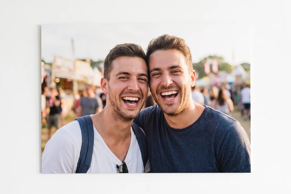 Poster mit Foto von zwei Freunden auf einem Festival