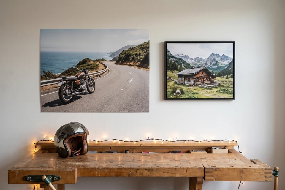 Hobbyraum mit Poster und Foto im Schattenfugenrahmen