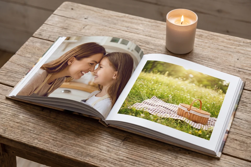 Aufgeschlagenes Fotobuch mit Foto von Mutter und Tochter auf einem Holztisch