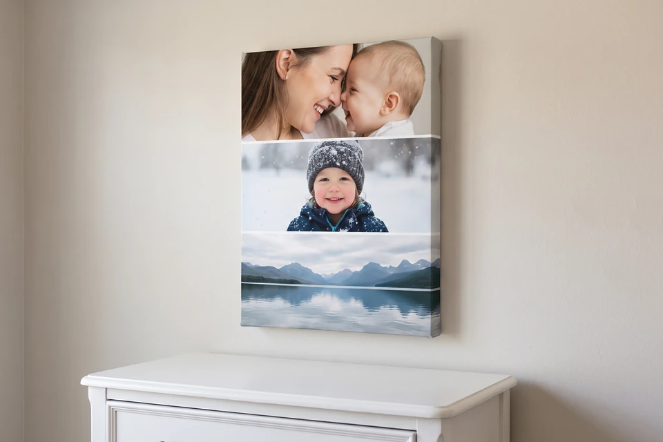 Fotocollage auf Leinwand mit Familienfotos über einer Kommode