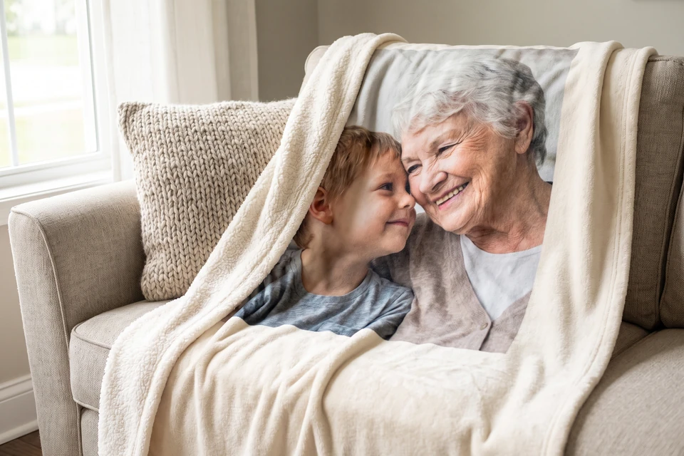 Fotodecke mit Foto von Mutter und Enkel auf einem Sofa