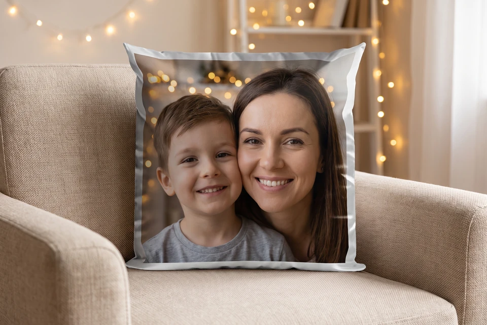 Fotokissen mit Foto von Mutter und Sohn auf einem Sessel