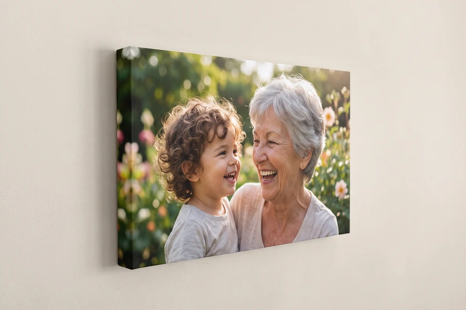 Leinwand mit Foto von Großmutter und Enkel im Garten